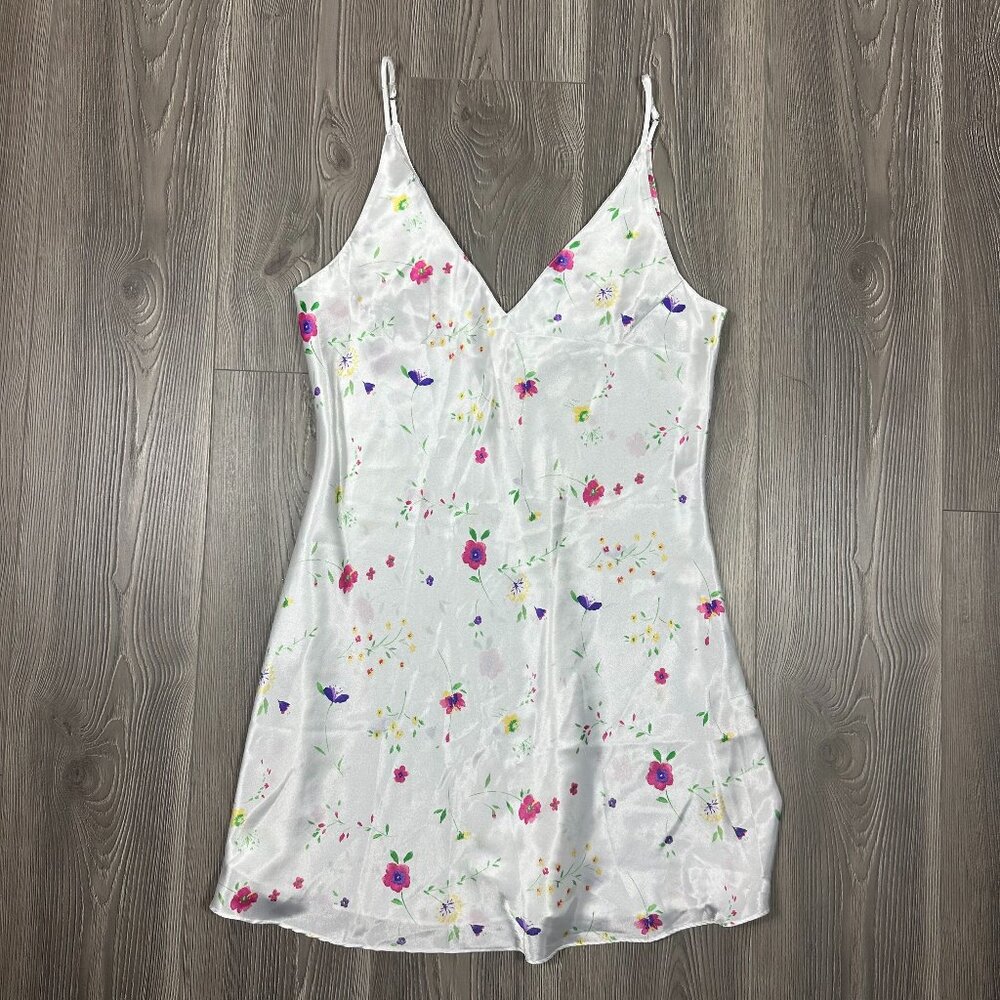 Kim Rogers White Satin Slip Dress with Pastel Floral Print Size L